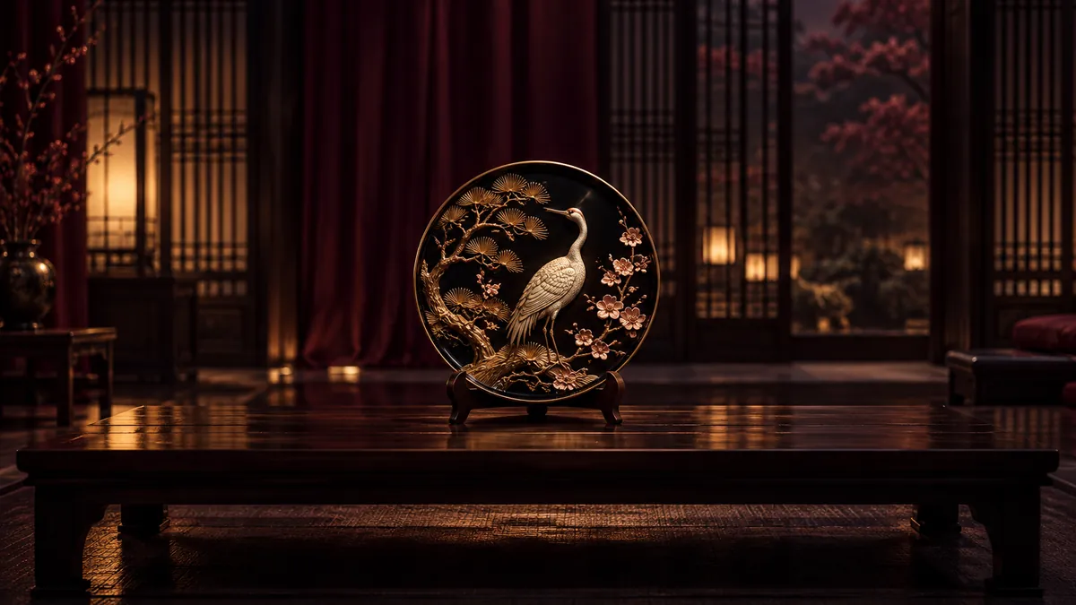 深酒紅和室裡的黑金漆器圓盤,金色松鶴與櫻花浮雕映著暖光