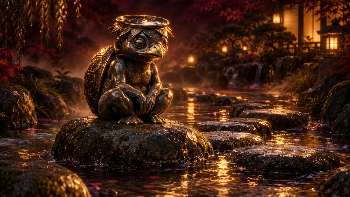 深酒紅夜色溪流中，原創黑金河童雕塑坐在青石上，身旁渡石映著金色水光