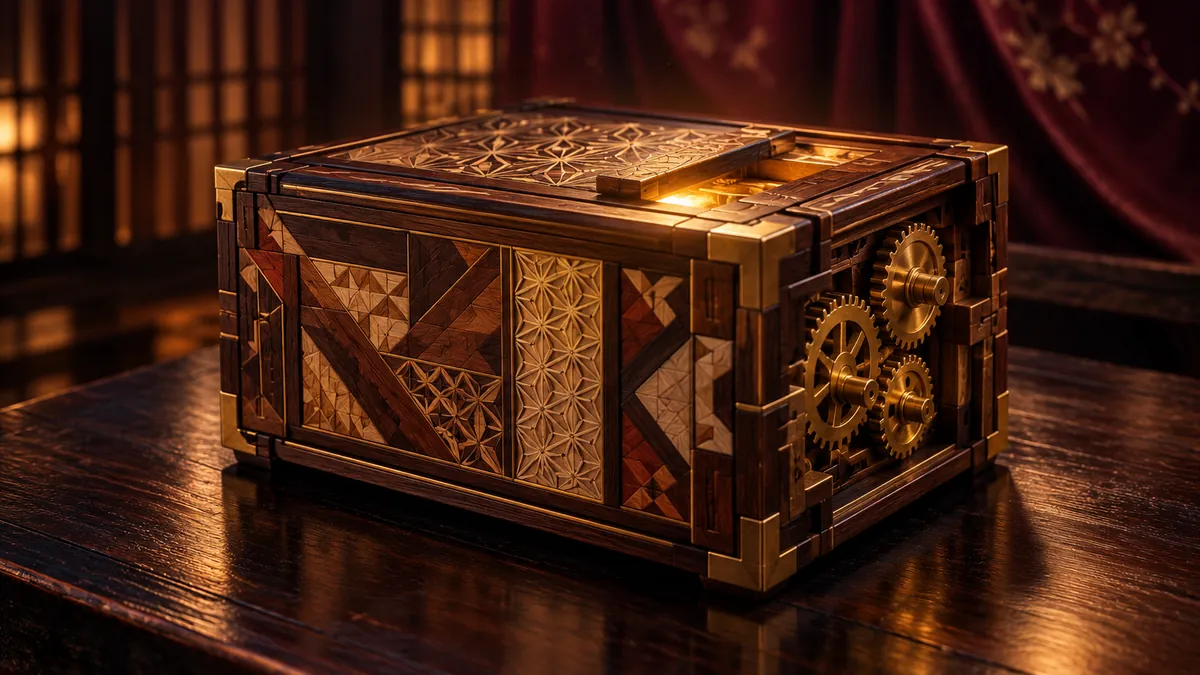 深酒紅日式工房中的寄木機關箱,側面黃銅齒輪映著香檳金光