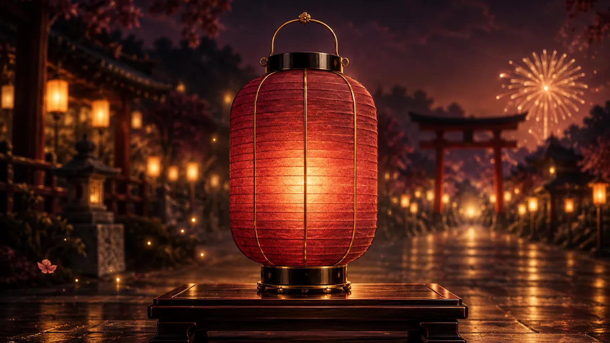 深酒紅祭典夜景中,一盞黑金提燈映著遠方香檳金花火