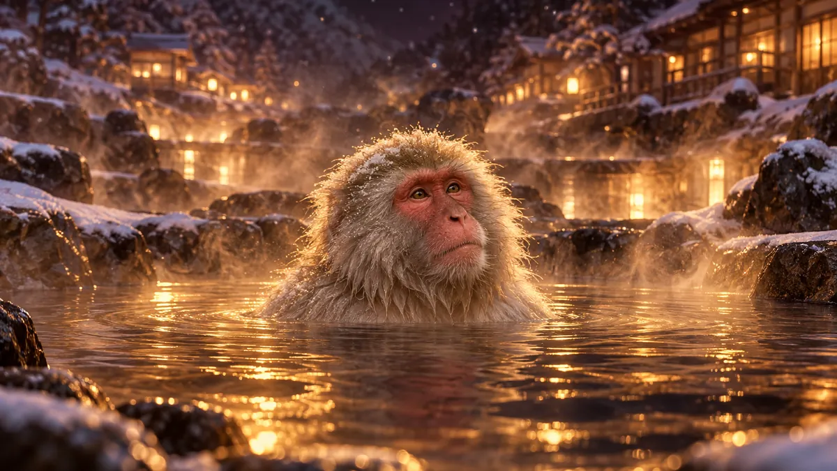 雪夜露天溫泉中一隻雪猴泡在暖金色湯池,背後映出深酒紅木造湯宿