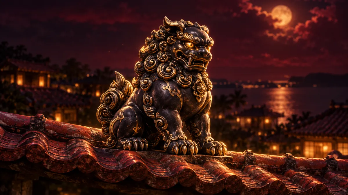 琉球紅瓦屋簷上的黑金風獅爺雕像，雙眼映出暖金光，背景為深酒紅夜色