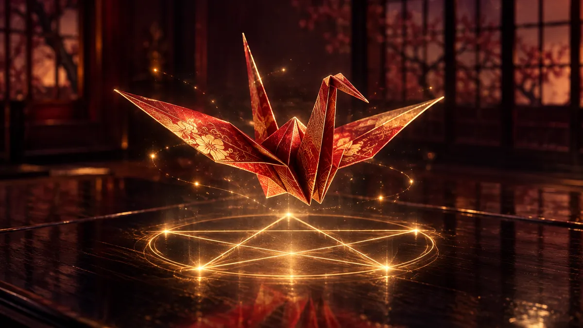 深酒紅日式書房中,一隻朱紅金邊紙鶴懸在香檳金五芒星光陣上方