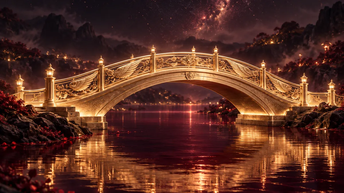 深酒紅星河中一座香檳金拱橋，橋身帶有喜鵲羽翼雕飾並映出柔和金光