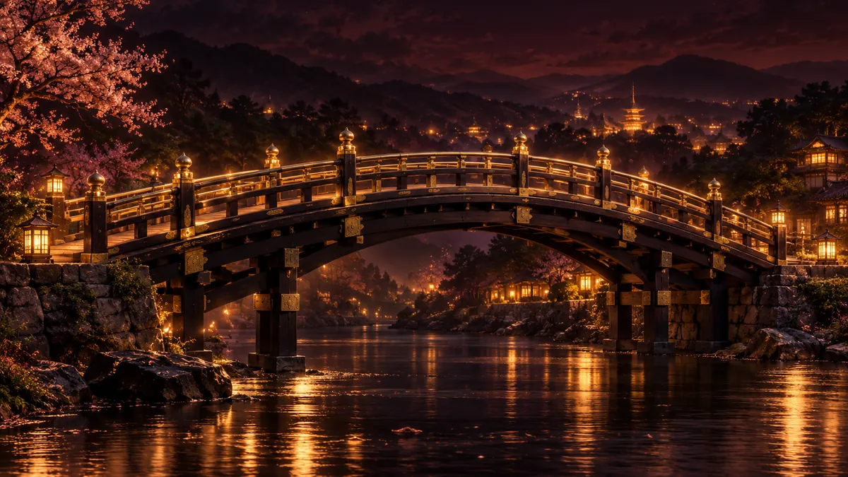 深酒紅夜色中，一座黑金日式木橋橫跨平靜河面，遠處山影與金色燈光映照橋身