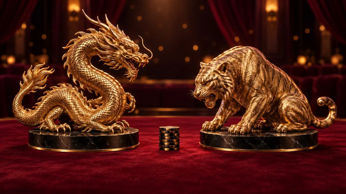 深色貴賓廳裡，一尊香檳金龍雕塑與一尊香檳金虎雕塑隔著酒紅絨布桌面相對，中間擺著幾疊黑金籌碼