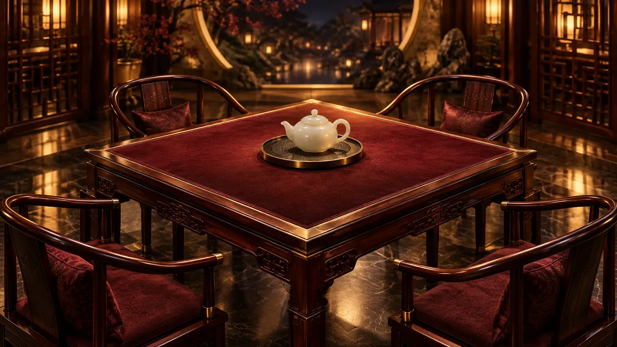 黑金中式茶室中央的紅木方桌與素面白玉茶壺，香檳金光映出沉靜的棋牌聚會氛圍