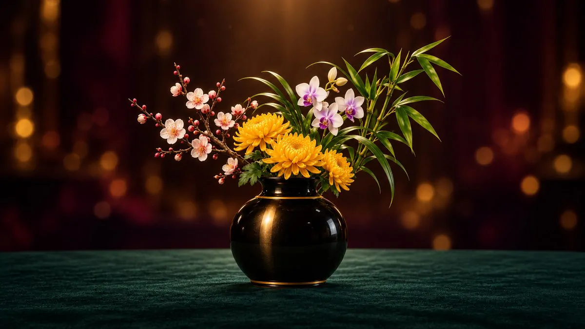牌桌的深墨綠絨布上,一只金邊黑釉花瓶插著梅花、蘭花、菊花和竹枝