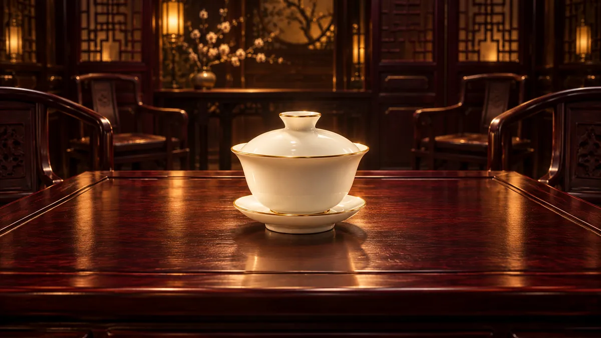 深酒紅中式茶室內,紅木方桌中央的素面白玉蓋碗映著香檳金光