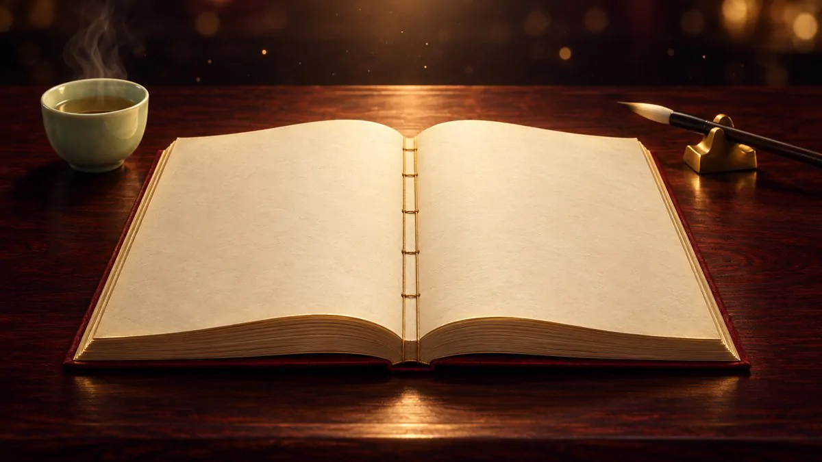 深夜的中式書房裡,紅木書桌上攤開一本空白的線裝書,旁邊擺著金色筆架上的毛筆和一只青瓷茶杯
