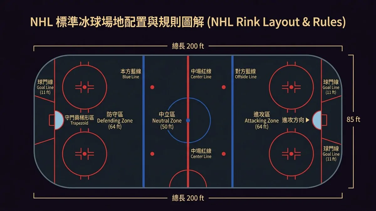 NHL 標準冰球場地配置與規則圖解：200 英尺標準冰場、球門線、本方藍線、中場紅線、對方藍線、爭球圈與守門員梯形區
