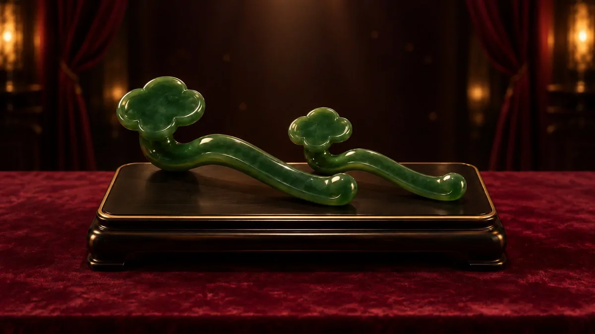 深酒紅貴賓廳裡,一組大小不同的墨綠玉如意並排放在黑金展示座上