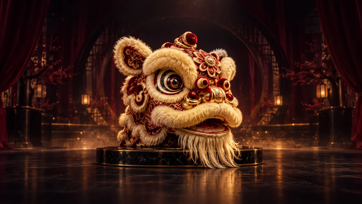 深酒紅舞台中央陳列香檳金舞獅獅頭，捲曲金色絨毛映著柔和聚光