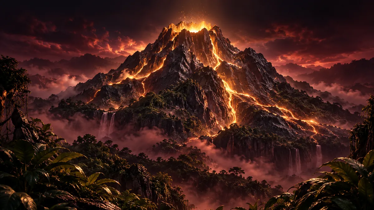 深酒紅夜霧中的叢林火山映出香檳金熔岩光，兩側藤蔓襯托中央山體