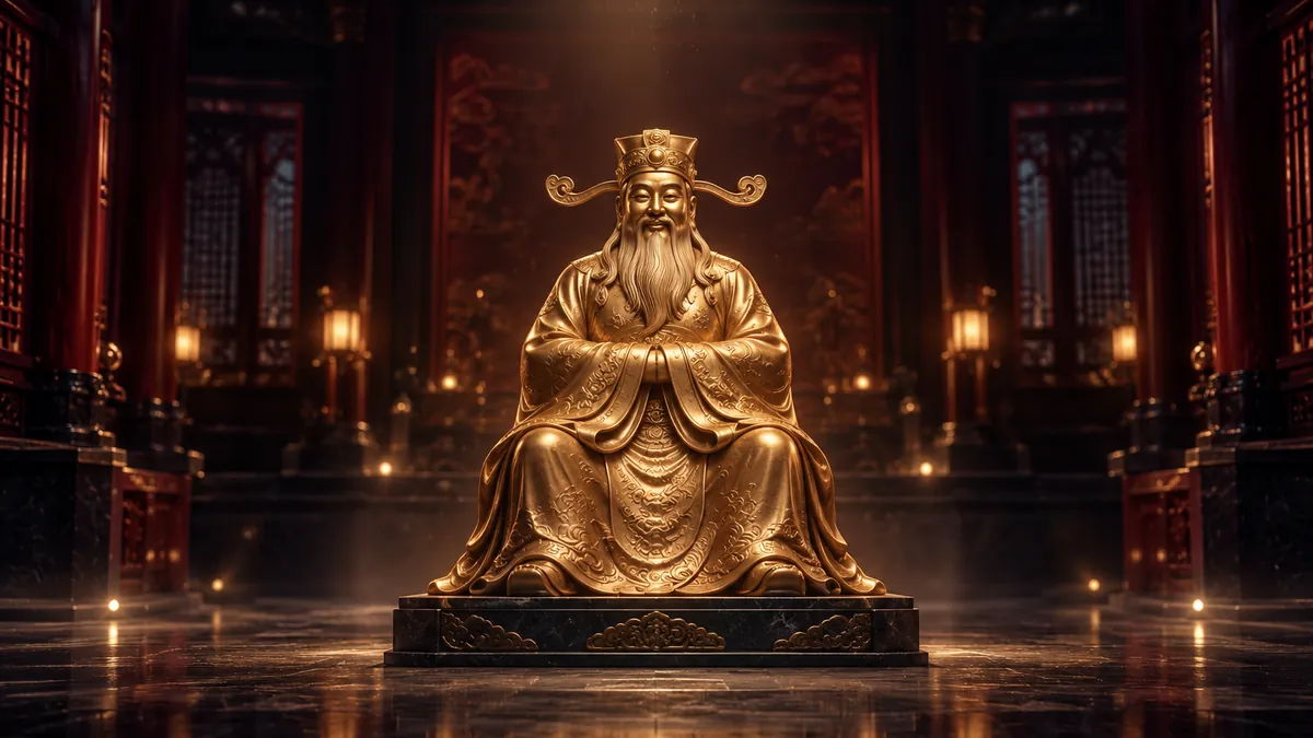 深酒紅中式殿堂內,一尊香檳金財神雕像端坐中央,衣袍映著柔和金光