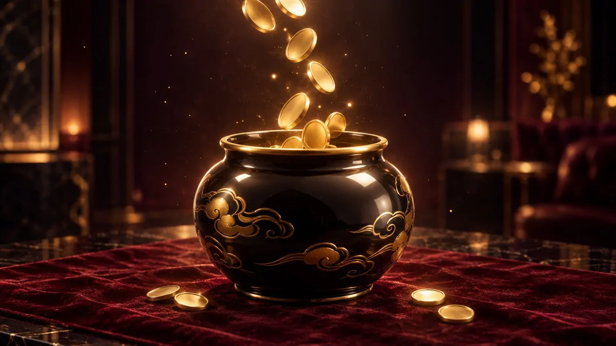 深酒紅桌面上一座金色小天平，一端放著疊起的金幣，背景是柔和的金色光暈