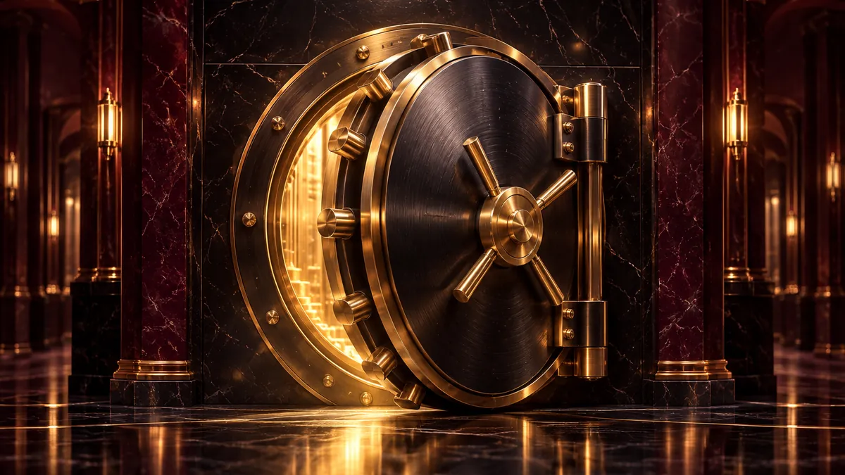 深酒紅金庫走廊中央微開的黑金圓形庫門,門縫透出柔和金色光芒